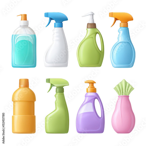 Colorful assortment of cleaning bottles and spray containers in various shapes and sizes, designed for household cleaning and organization purposes