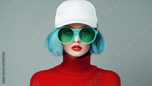 Stilvolles Porträt mit futuristischem Einschlag: blauhaarige Frau trägt weiße Basecap, große grüne Brille und roten Rollkragenpullover vor neutralem Hintergrund.
