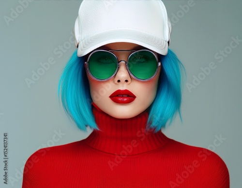 Stilvolles Porträt mit futuristischem Einschlag: blauhaarige Frau trägt weiße Basecap, große grüne Brille und roten Rollkragenpullover vor neutralem Hintergrund.