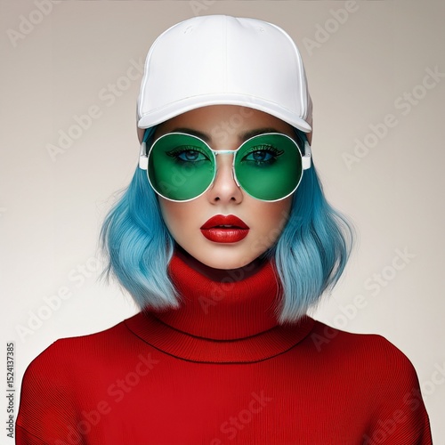 Stilvolles Porträt mit futuristischem Einschlag: blauhaarige Frau trägt weiße Basecap, große grüne Brille und roten Rollkragenpullover vor neutralem Hintergrund.