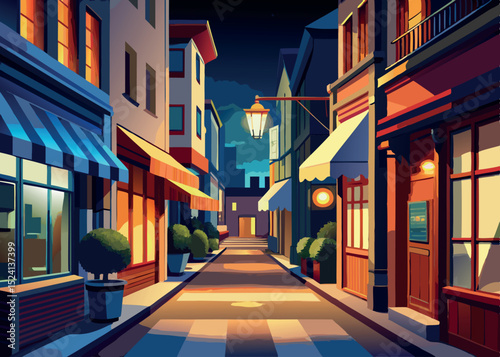 Cozy european street scene at night with warmly lit shops and cobblestone path