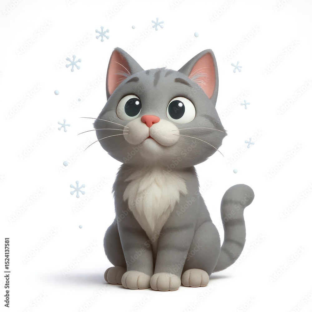 Fototapeta premium Adorable animated gray cat winter wonderland character art playful environment front view whimsical vibes for cat lovers