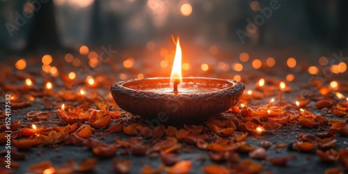 Clay diya lamp with flame surrounded by petals glows in the darkness