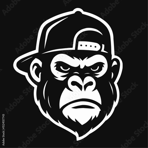 Gorilla head in a cap cut out silhouette. Ape, monkey character mascot 


