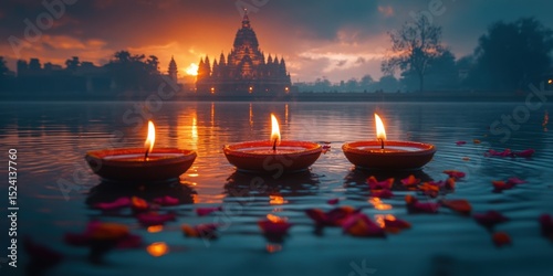 Festive Oil Lamps Illuminate Water During Celebration at Dusk