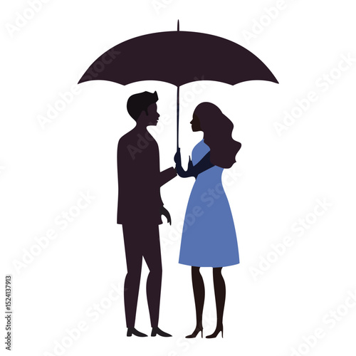 Romantic couple sharing umbrella silhouette illustration