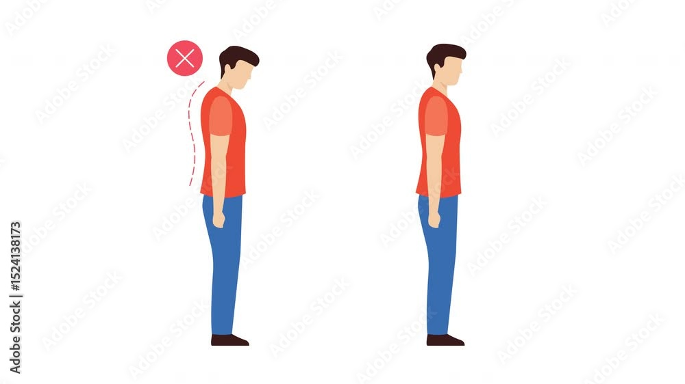 Slouch Overcorrect Flat illustration comparing incorrect and correct posture. The left ...
