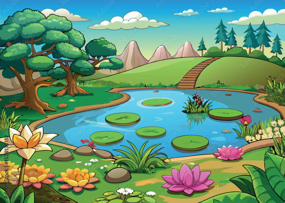 Obraz premium Serene cartoon illustration depicting a tranquil pond with lily pads and lush floral surroundings