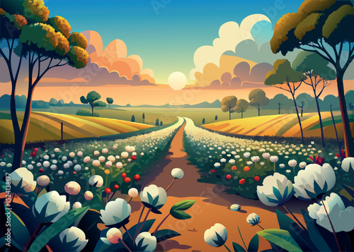 Serene cotton field road leading towards the horizon under a warm sunset sky