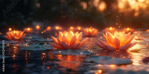 Illuminated Lotus Flowers Floating on Water at Night
