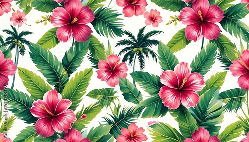 Colorful seamless floral pattern with tropical flowers and leaves, ideal for textile, wallpaper, packaging, and surface design.
