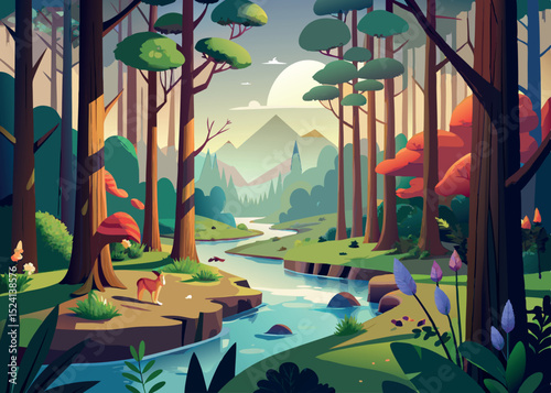 Enchanting forest scene with a winding river flowing through lush green trees and distant mountains