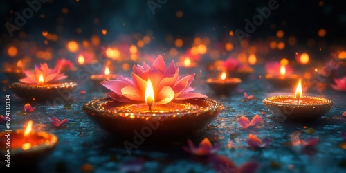 Diwali Celebration with Illuminated Oil Lamps and Lotus Flowers on a Wet Surface