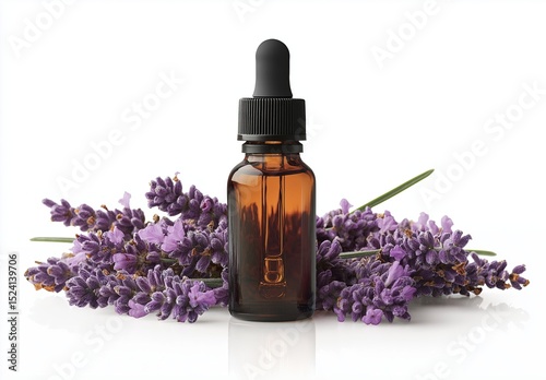Lavender flowers and lavender oil on a white background.