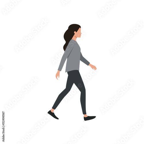 Woman walking side profile casual outfit grey top black pants