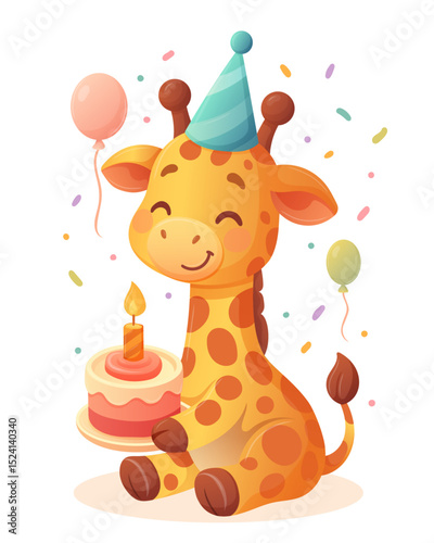 cute giraffe in a party hat holding a cake