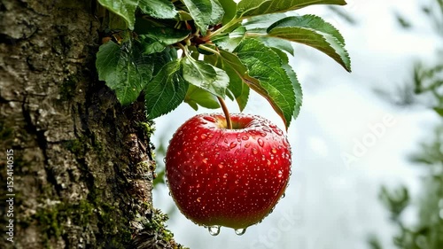 Close-up of a Red Apple on a Branch in an Orchard