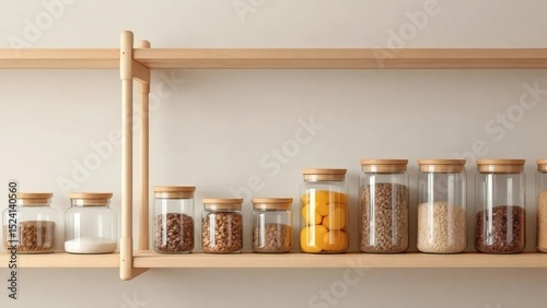 Organized Pantry Glass Jars, Wooden Shelf, Dry Goods Storage