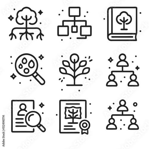 Family tree nine black and white icons depicting tree related concepts.