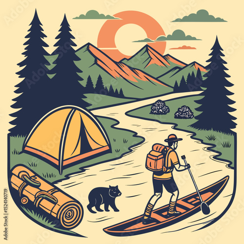 Camping, outdoor adventure icon set. Vector glyph pictograms of eco-tourism, tent, backpack, campfire, compass, kayak, hiking, travel, wilderness exploration black silhouette illustration