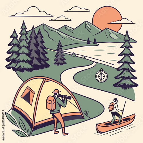 Camping, outdoor adventure icon set. Vector glyph pictograms of eco-tourism, tent, backpack, campfire, compass, kayak, hiking, travel, wilderness exploration black silhouette illustration