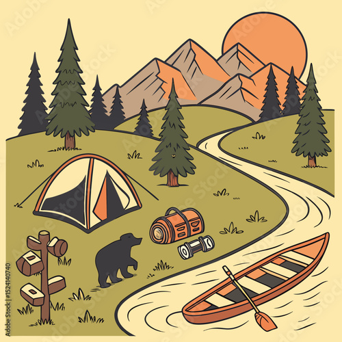 Camping, outdoor adventure icon set. Vector glyph pictograms of eco-tourism, tent, backpack, campfire, compass, kayak, hiking, travel, wilderness exploration black silhouette illustration