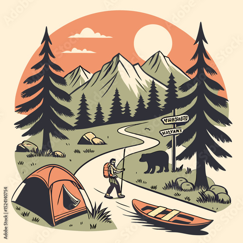 Camping, outdoor adventure icon set. Vector glyph pictograms of eco-tourism, tent, backpack, campfire, compass, kayak, hiking, travel, wilderness exploration black silhouette illustration