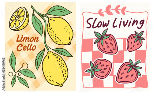 Set of naive style vector illustrations featuring lemons and "Slow Living" theme with strawberries focused on Italian food