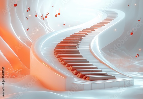 Piano keys receding into the distance, surrounded by flowing waves and musical notes.