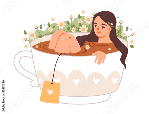 Woman sitting inside a cozy tea cup. Mindfulness, inner calm, and selfcare. A peaceful girl rests in a warm cup of coffee. Flat vector illustration.