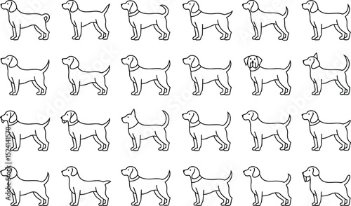Dog breeds line art seamless pattern pet animal illustration