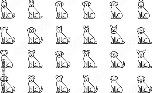 Minimalist seated dog breed line art pattern collection on white background