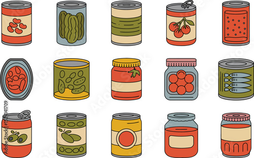 Collection of colorful retro style canned and jarred food assortment
