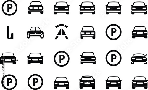 Car parking and road symbols black and white icon illustration collection