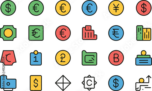 Set of finance and business icons with currency symbols and growth chart