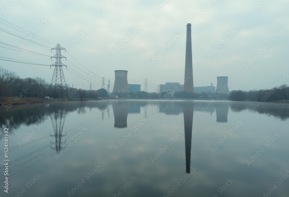 Obraz premium Industrial landscape with cooling towers and power lines reflected in water