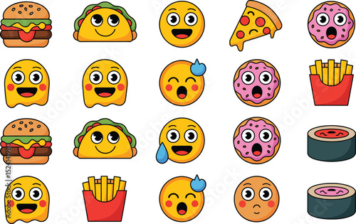 Cartoon food and emoji characters featuring burger pizza sushi taco and faces