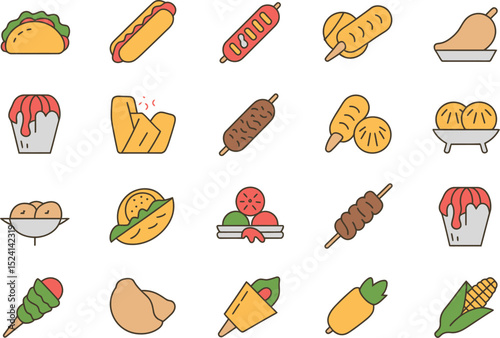 Cute food icon set featuring tacos hotdogs ice cream and more