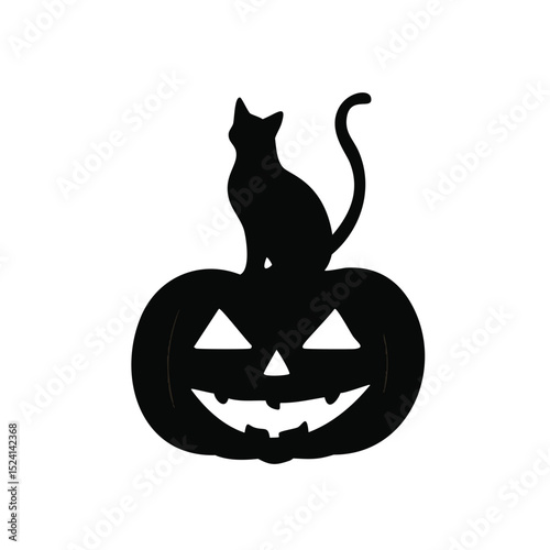 Black cat sitting on halloween jack o lantern pumpkin
