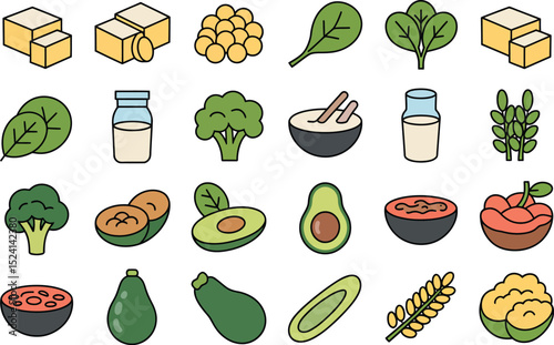Colorful icon set featuring healthy foods vegan diet elements illustration