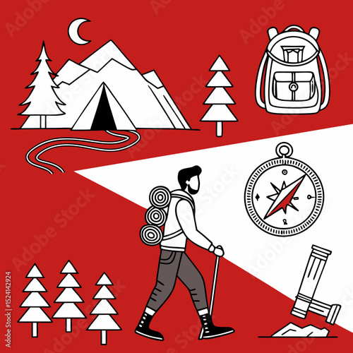 Camping, outdoor adventure icon set. Vector glyph pictograms of eco-tourism, tent, backpack, campfire, compass, kayak, hiking, travel, wilderness exploration black silhouette illustration