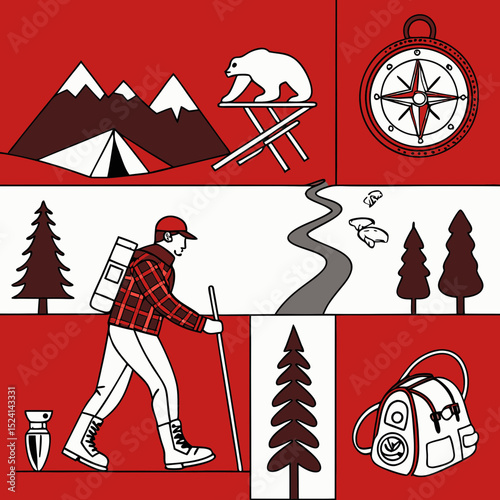 Camping, outdoor adventure icon set. Vector glyph pictograms of eco-tourism, tent, backpack, campfire, compass, kayak, hiking, travel, wilderness exploration black silhouette illustration