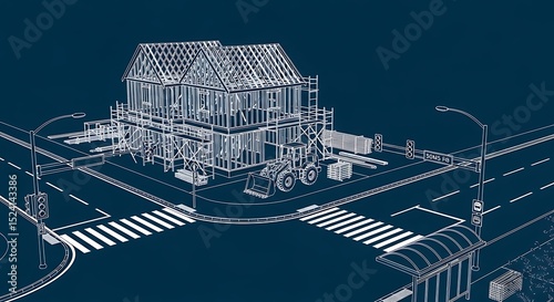 House under construction at a busy intersection blueprint