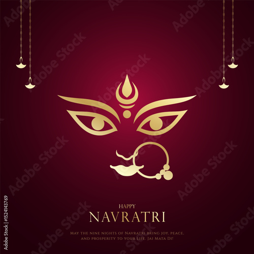 Happy Navratri Festival Background Design with Goddess Durga Face Illustration. Happy Navratri, illustration of couple playing Dandiya and Garba Night