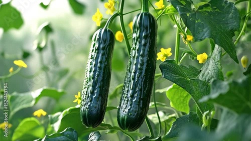 Two young cucumbers hanging on the tree
