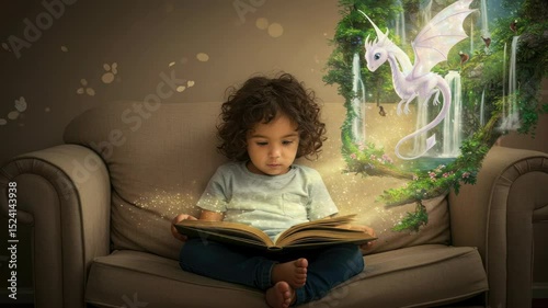 A child engrossed in a book, imagining a fantasy world