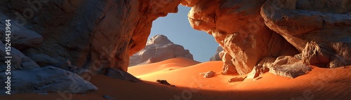 Desert landscape with sandstone formations and sunlight.