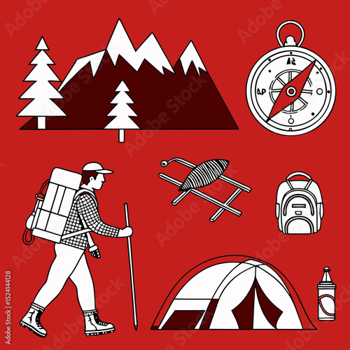 Camping, outdoor adventure icon set. Vector glyph pictograms of eco-tourism, tent, backpack, campfire, compass, kayak, hiking, travel, wilderness exploration black silhouette illustration