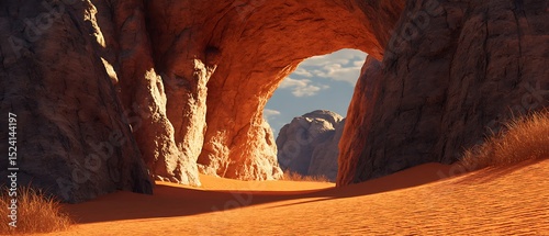 Sun-drenched desert canyon opening.