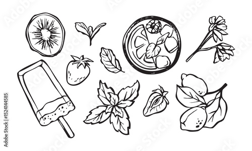 Ice cream and fruit outline doodles